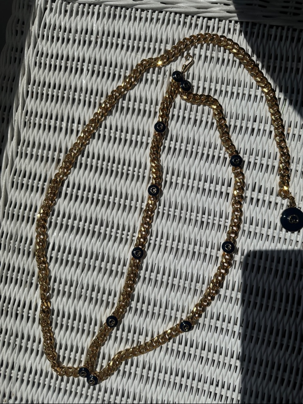 37” Gold Chain belt with Black Enamel Discs - Women Jewelry